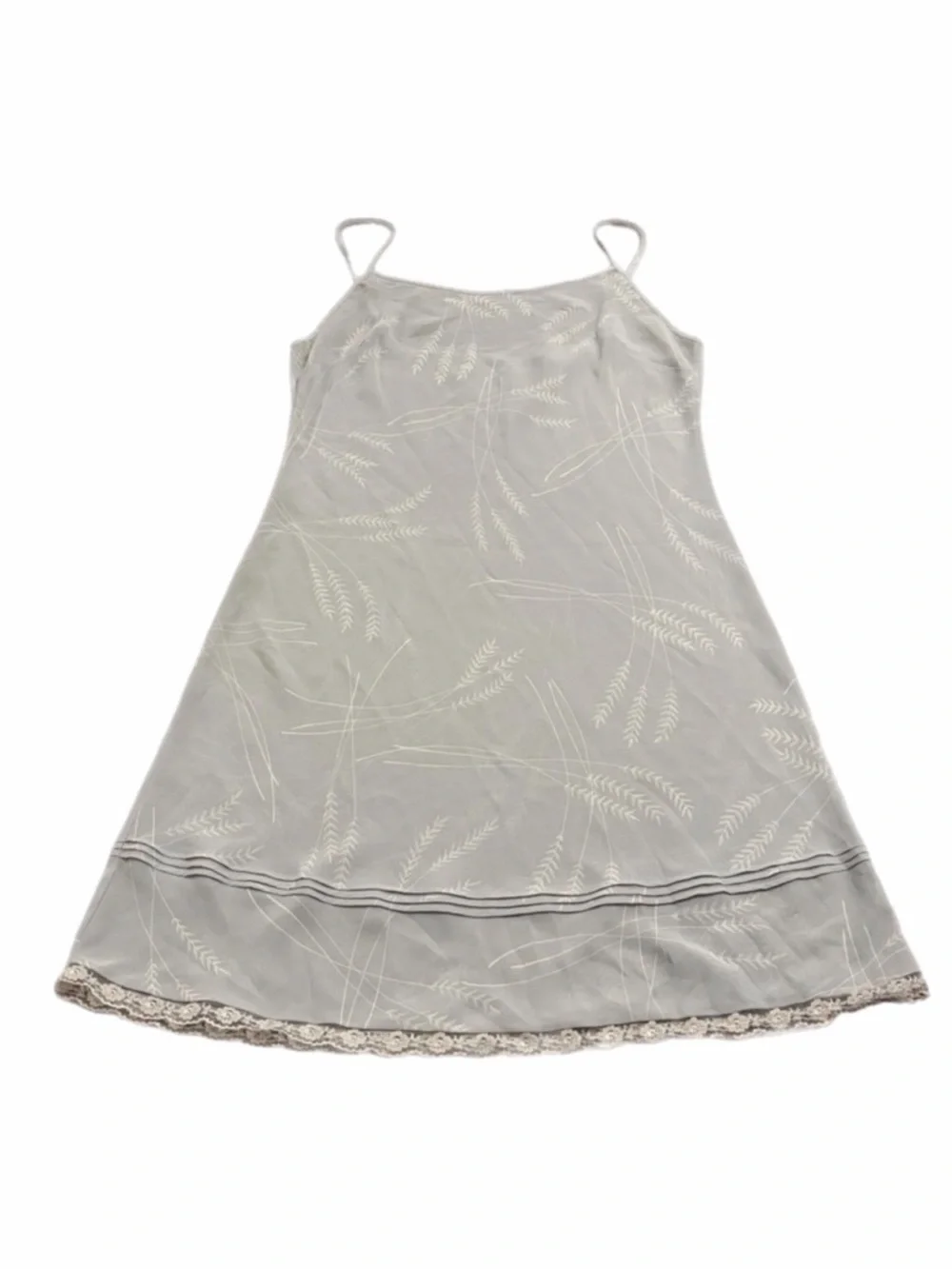 80s/90s European Vintage Silky Botanical Print Lace Trim Slip Dress (Grey) M/L